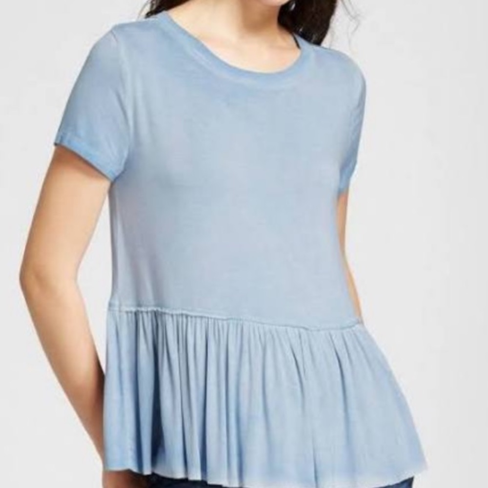 Whimsical Lite Blue Retro Cotton Peplum Washed Top